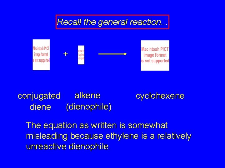 Recall the general reaction. . . + alkene conjugated (dienophile) diene cyclohexene The equation