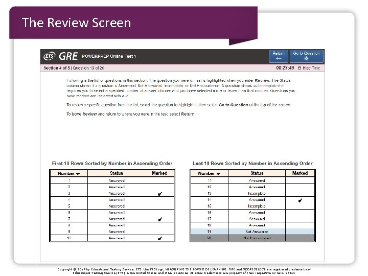 The Review Screen Copyright © 2017 by Educational Testing Service. ETS, the ETS logo,
