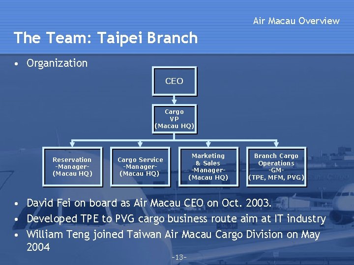 Air Macau Overview The Team: Taipei Branch • Organization CEO Cargo VP (Macau HQ) Air Macau Overview The Team: Taipei Branch • Organization CEO Cargo VP (Macau HQ)