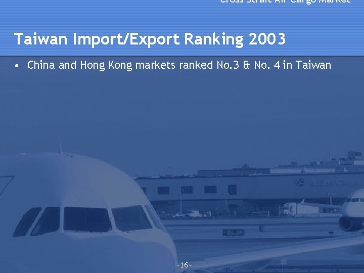 Cross Strait Air Cargo Market Taiwan Import/Export Ranking 2003 • China and Hong Kong Cross Strait Air Cargo Market Taiwan Import/Export Ranking 2003 • China and Hong Kong