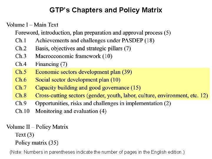 GTP’s Chapters and Policy Matrix (Note: Numbers in parentheses indicate the number of pages