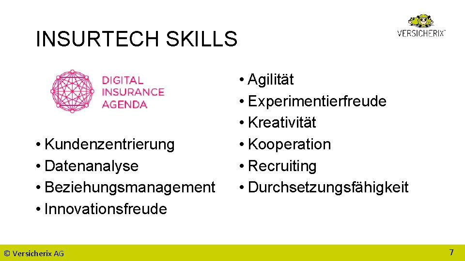 INSURTECH SKILLS • Kundenzentrierung • Datenanalyse • Beziehungsmanagement • Innovationsfreude © Versicherix AG •