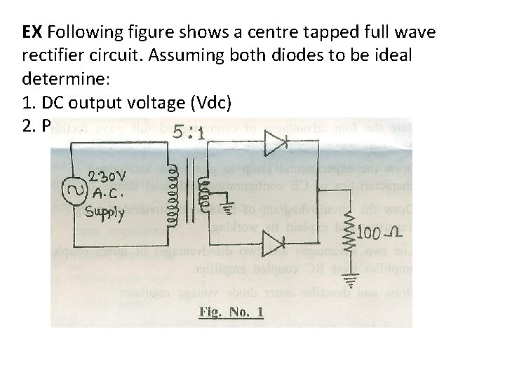 EX Following figure shows a centre tapped full wave rectifier circuit. Assuming both diodes
