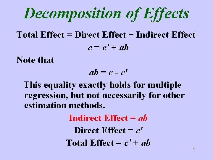 Decomposition of Effects Total Effect = Direct Effect + Indirect Effect c = c′