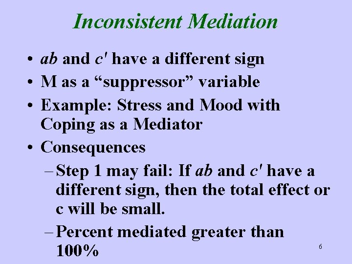 Inconsistent Mediation • ab and c′ have a different sign • M as a