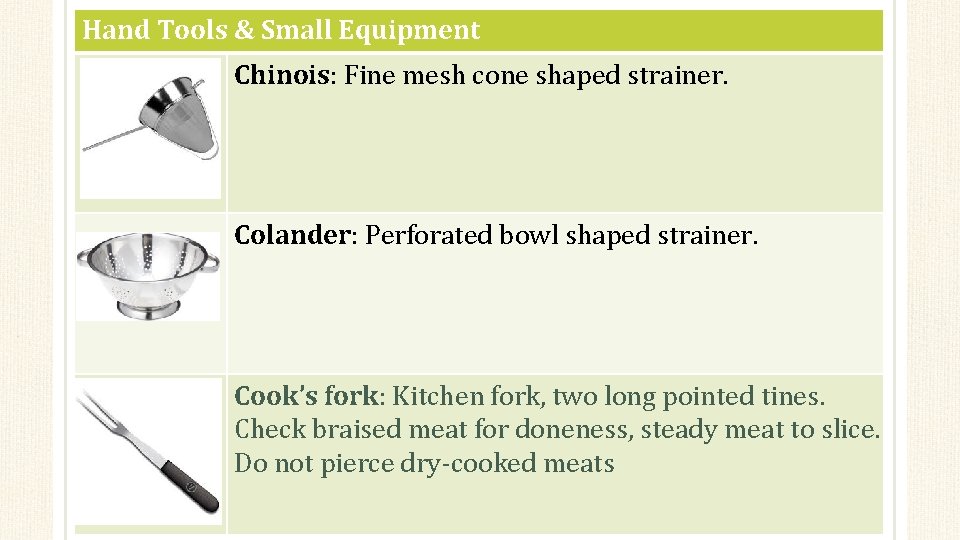 Hand Tools & Small Equipment Chinois: Fine mesh cone shaped strainer. Colander: Perforated bowl