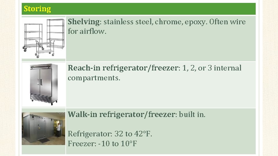 Storing Shelving: stainless steel, chrome, epoxy. Often wire for airflow. Reach-in refrigerator/freezer: 1, 2,