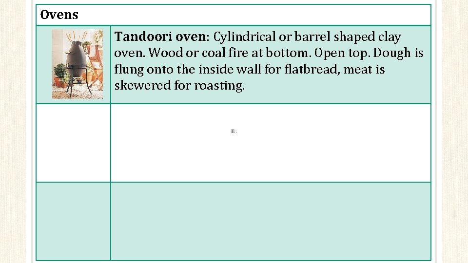 Ovens Tandoori oven: Cylindrical or barrel shaped clay oven. Wood or coal fire at