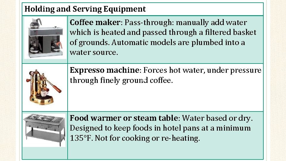 Holding and Serving Equipment Coffee maker: Pass-through: manually add water which is heated and