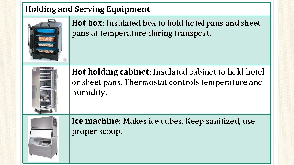 Holding and Serving Equipment Hot box: Insulated box to hold hotel pans and sheet