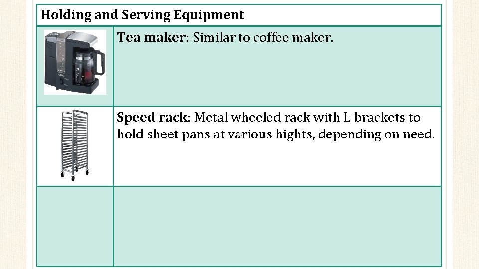 Holding and Serving Equipment Tea maker: Similar to coffee maker. Speed rack: Metal wheeled