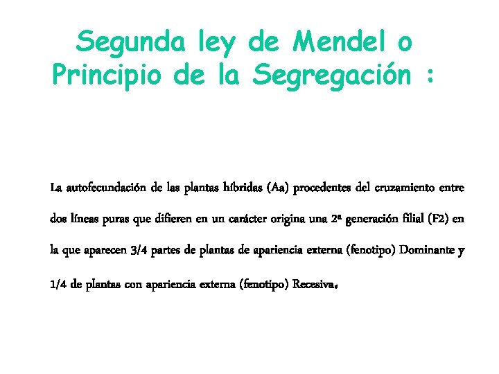 Segunda ley de Mendel o Principio de la Segregación : La autofecundación de las Segunda ley de Mendel o Principio de la Segregación : La autofecundación de las