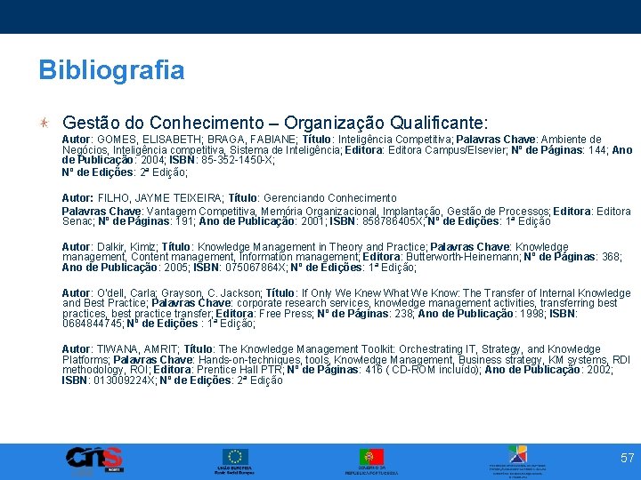 Bibliografia Gestão do Conhecimento – Organização Qualificante: Autor: GOMES, ELISABETH; BRAGA, FABIANE; Título: Inteligência