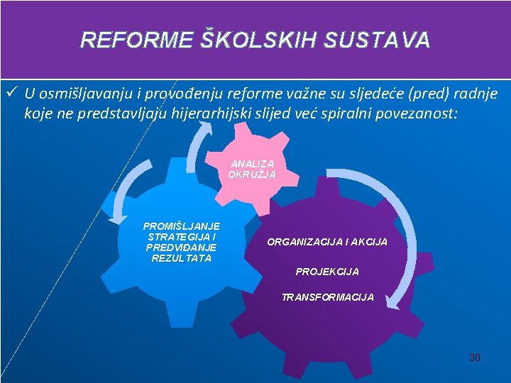 REFORME ŠKOLSKIH SUSTAVA ü U osmišljavanju i provođenju reforme važne su sljedeće (pred) radnje