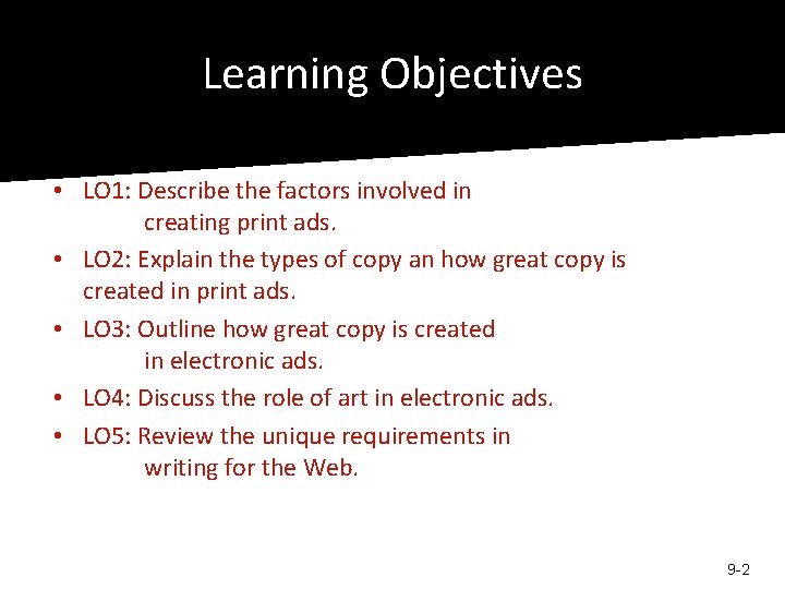 Learning Objectives • LO 1: Describe the factors involved in creating print ads. • Learning Objectives • LO 1: Describe the factors involved in creating print ads. •