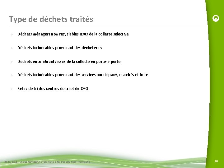Type de déchets traités Ø Déchets ménagers non recyclables issus de la collecte sélective