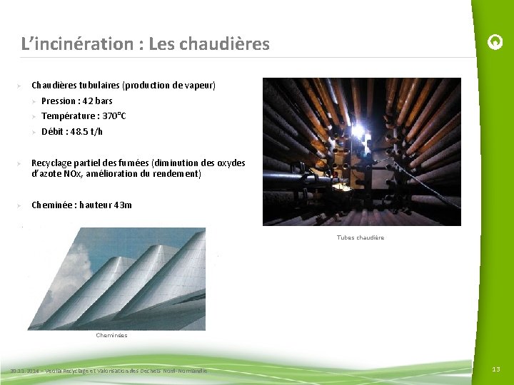 L’incinération : Les chaudières Ø Ø Ø Chaudières tubulaires (production de vapeur) Ø Pression