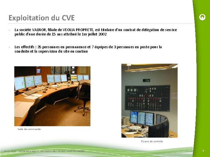 Exploitation du CVE Ø Ø La société VALNOR, filiale de VEOLIA PROPRETE, est titulaire