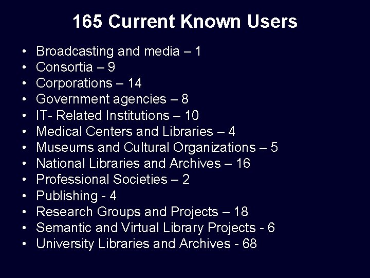 165 Current Known Users • • • • Broadcasting and media – 1 Consortia