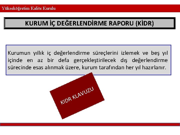 Yükseköğretim Kalite Kurulu KURUM İÇ DEĞERLENDİRME RAPORU (KİDR) Kurumun yıllık iç değerlendirme süreçlerini izlemek