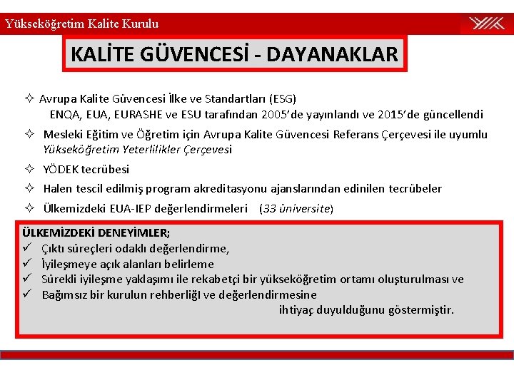 Yükseköğretim Kalite Kurulu KALİTE GÜVENCESİ - DAYANAKLAR ² Avrupa Kalite Güvencesi İlke ve Standartları