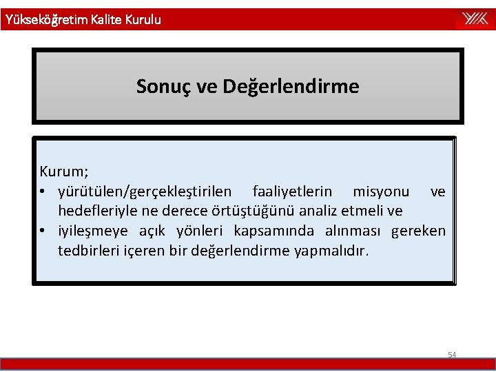 Yükseköğretim Kalite Kurulu Sonuç ve Değerlendirme Kurum; • yürütülen/gerçekleştirilen faaliyetlerin misyonu ve hedefleriyle ne