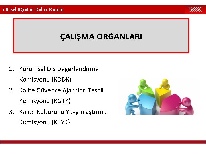 Yükseköğretim Kalite Kurulu ÇALIŞMA ORGANLARI 1. Kurumsal Dış Değerlendirme Komisyonu (KDDK) 2. Kalite Güvence