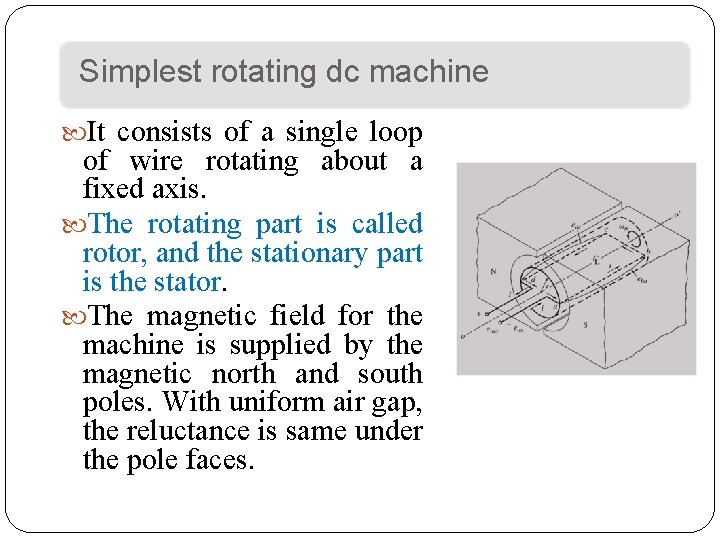 Simplest rotating dc machine It consists of a single loop of wire rotating about