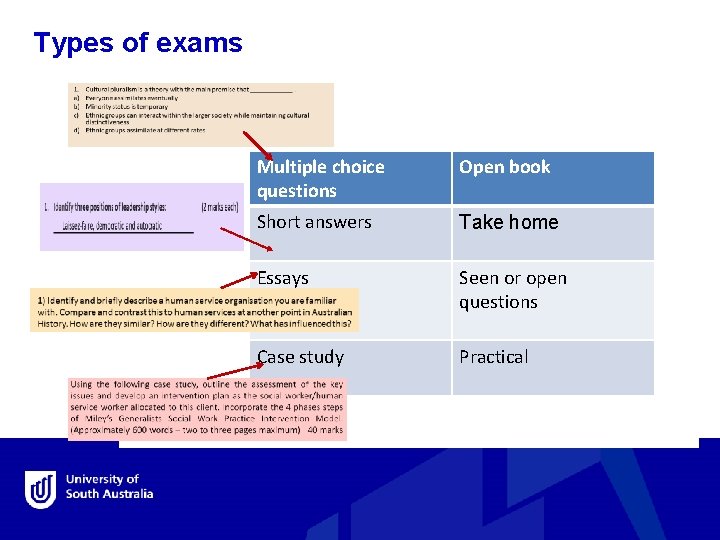 Types of exams Multiple choice questions Open book Short answers Take home Essays Seen