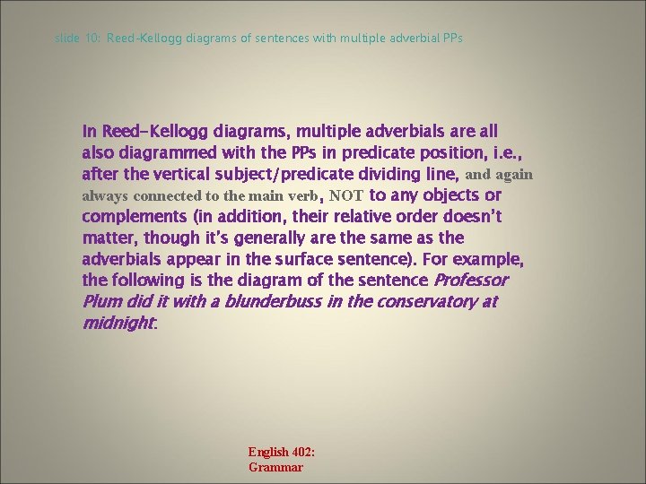 slide 10: Reed-Kellogg diagrams of sentences with multiple adverbial PPs In Reed-Kellogg diagrams, multiple