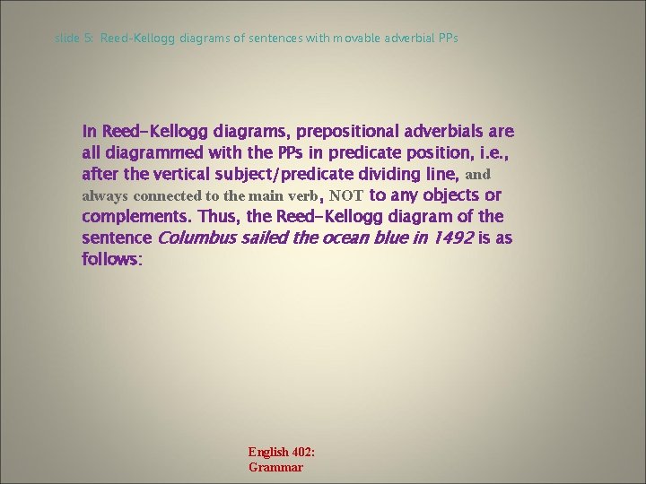 slide 5: Reed-Kellogg diagrams of sentences with movable adverbial PPs In Reed-Kellogg diagrams, prepositional