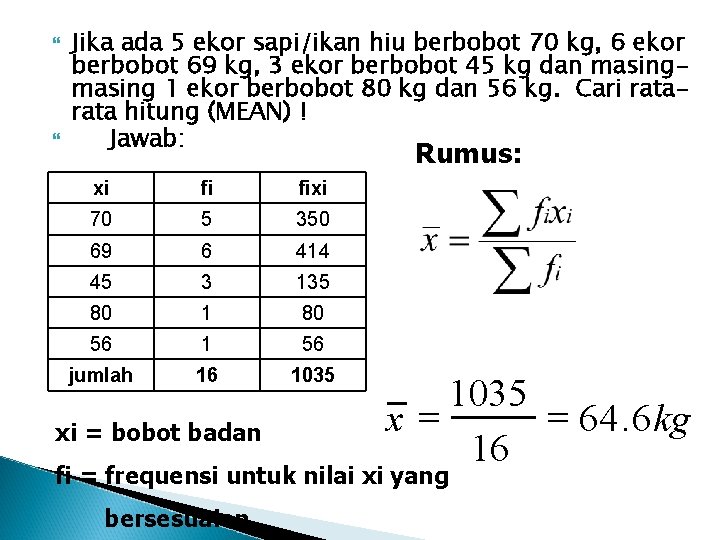  Jika ada 5 ekor sapi/ikan hiu berbobot 70 kg, 6 ekor berbobot 69