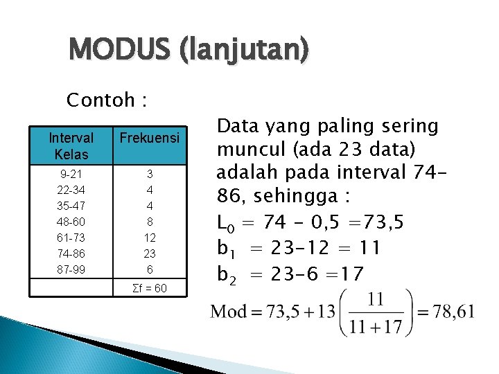 MODUS (lanjutan) Contoh : Interval Kelas Frekuensi 9 -21 22 -34 35 -47 48