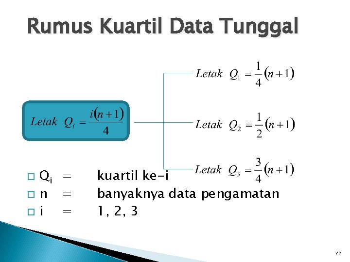 Rumus Kuartil Data Tunggal Qi = n = i = kuartil ke-i banyaknya data