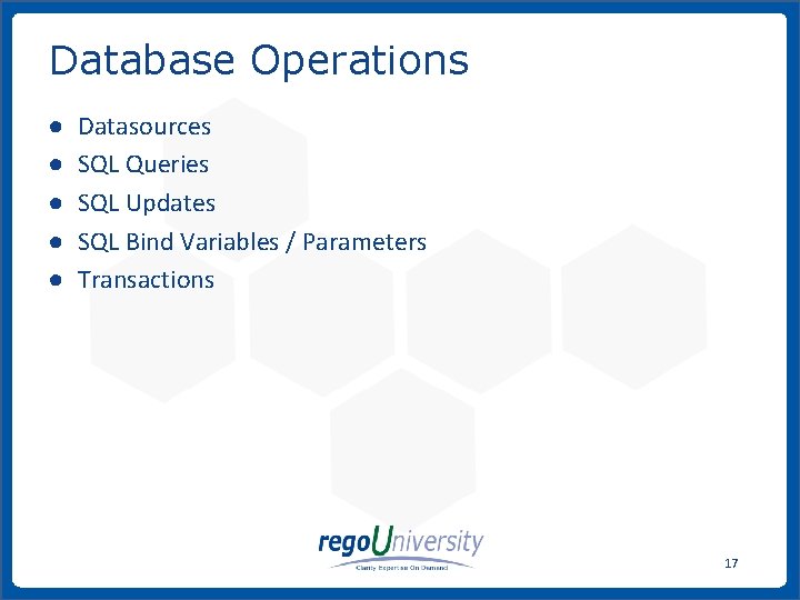 Database Operations ● ● ● Datasources SQL Queries SQL Updates SQL Bind Variables /