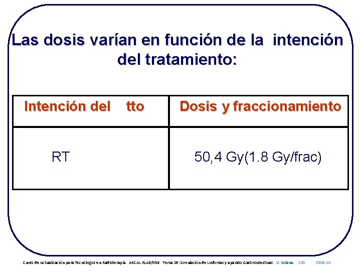 Las dosis varían en función de la intención del tratamiento: Intención del RT tto
