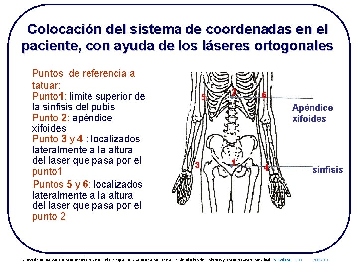 Colocación del sistema de coordenadas en el paciente, con ayuda de los láseres ortogonales