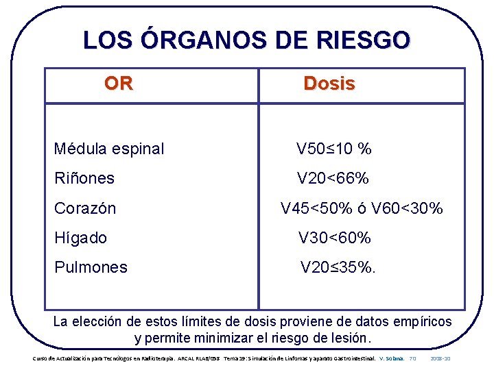 LOS ÓRGANOS DE RIESGO OR Dosis Médula espinal V 50≤ 10 % Riñones V