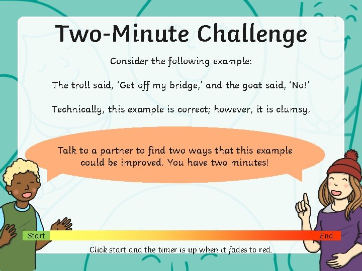 Two-Minute Challenge Consider the following example: The troll said, ‘Get off my bridge, ’