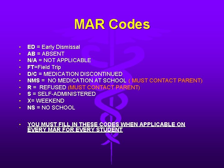 MAR Codes • • • ED = Early Dismissal AB = ABSENT N/A =