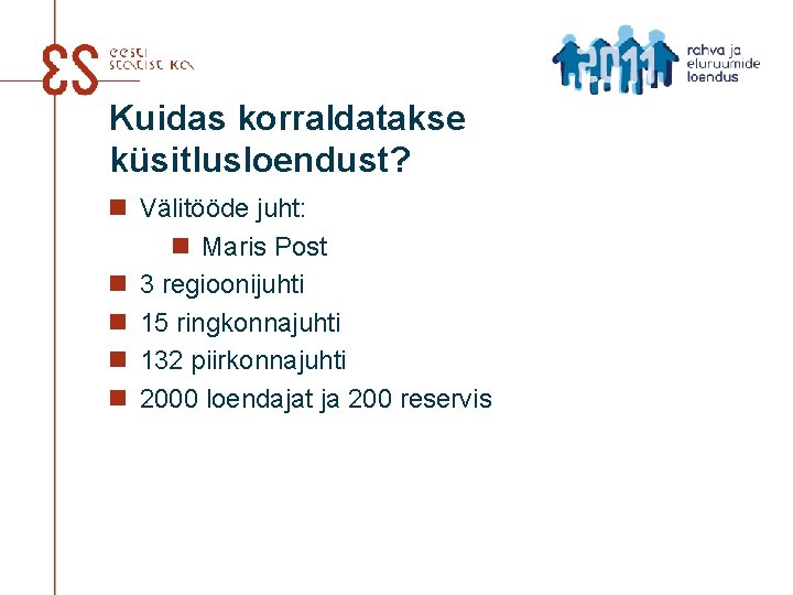 Kuidas korraldatakse küsitlusloendust? n Välitööde juht: n Maris Post n 3 regioonijuhti n 15