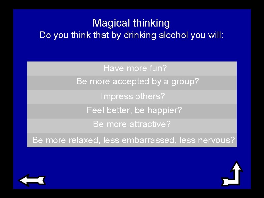 Magical thinking Do you think that by drinking alcohol you will: Have more fun?