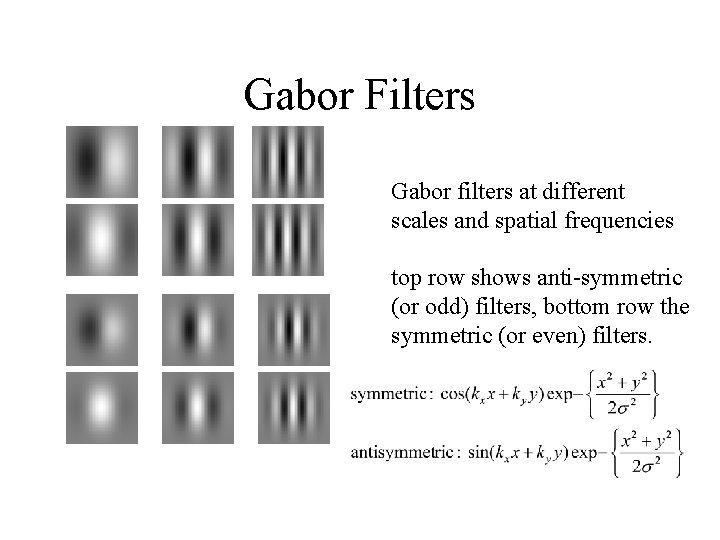 Gabor Filters Gabor filters at different scales and spatial frequencies top row shows anti-symmetric Gabor Filters Gabor filters at different scales and spatial frequencies top row shows anti-symmetric