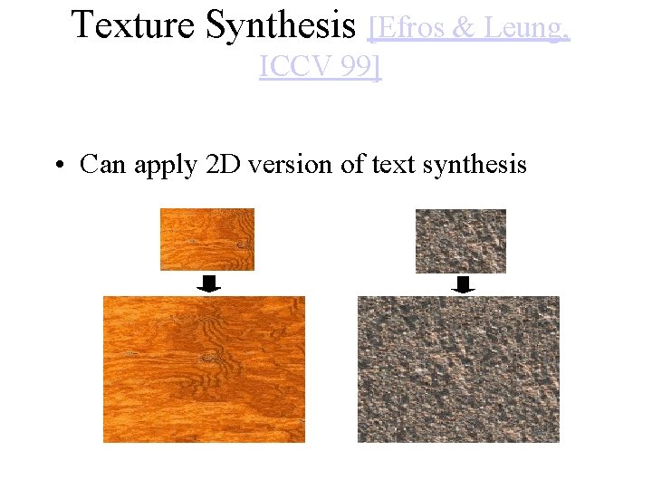 Texture Synthesis [Efros & Leung, ICCV 99] • Can apply 2 D version of