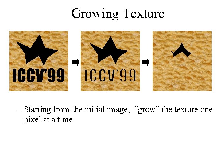 Growing Texture – Starting from the initial image, “grow” the texture one pixel at