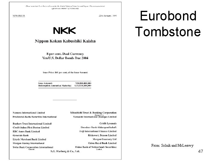 Eurobond Tombstone From: Solnik and Mc. Leavey 47 