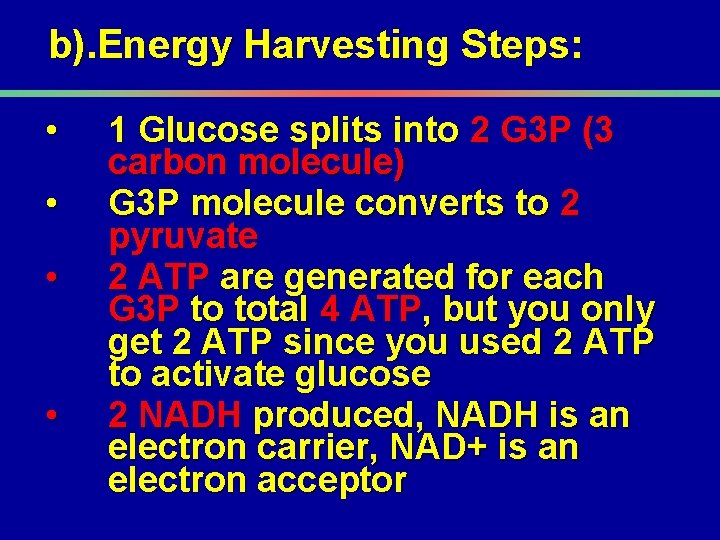 b). Energy Harvesting Steps: • • 1 Glucose splits into 2 G 3 P