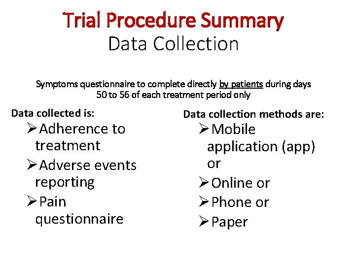 Trial Procedure Summary Data Collection Symptoms questionnaire to complete directly by patients during days