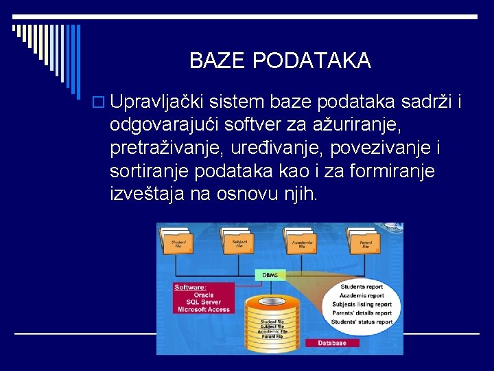 BAZE PODATAKA o Upravljački sistem baze podataka sadrži i odgovarajući softver za ažuriranje, pretraživanje,