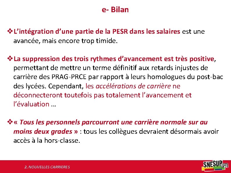 e- Bilan v. L’intégration d’une partie de la PESR dans les salaires est une